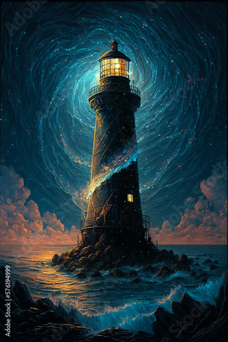 Beautiful Watercolor Illustration of a Lighthouse set on a Rocky Island against a Backdrop of a Starry Night Sky, Made in Part with Generative AI