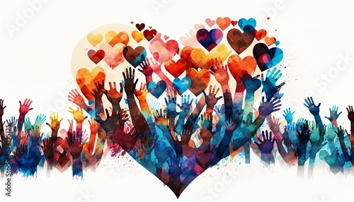 Fotografiet Group of multicultural people with arms and hands raised towards a hand painted heart