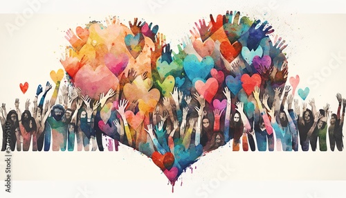 Group of multicultural people with arms and hands raised towards a hand painted heart. Charity donation and volunteer work. Support and assistance, multiethnic community. Peace on earth. Generative AI photo