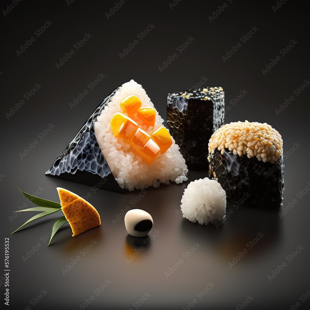 Onigiri maki sushi set with seafood on black background 4k Onigiri maki sushi set with seafood on black background 4k