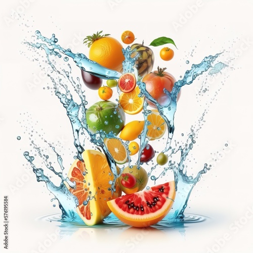 Fresh multi fruits and vegetables splashing into blue clear water splash healthy food diet freshness concept isolated white background