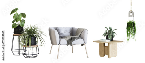 Modern interior furniture set in 3d rendering. Living room has chair and plant. 
