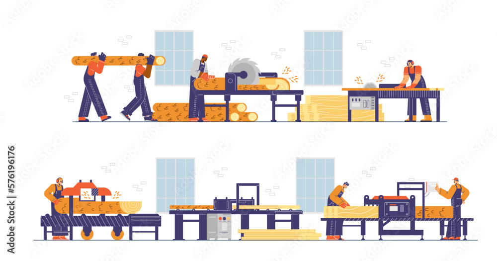 Sawmill woodworking facility house workers set flat vector illustration isolated.