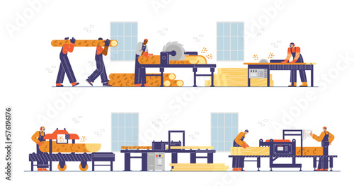 Sawmill woodworking facility house workers set flat vector illustration isolated.