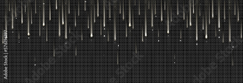 Silver rain sparkles isolated on black transparent background. Vector realistic illustration of vertical light glitter lines, festive tinsel curtain decoration shimmering at night. Party garland