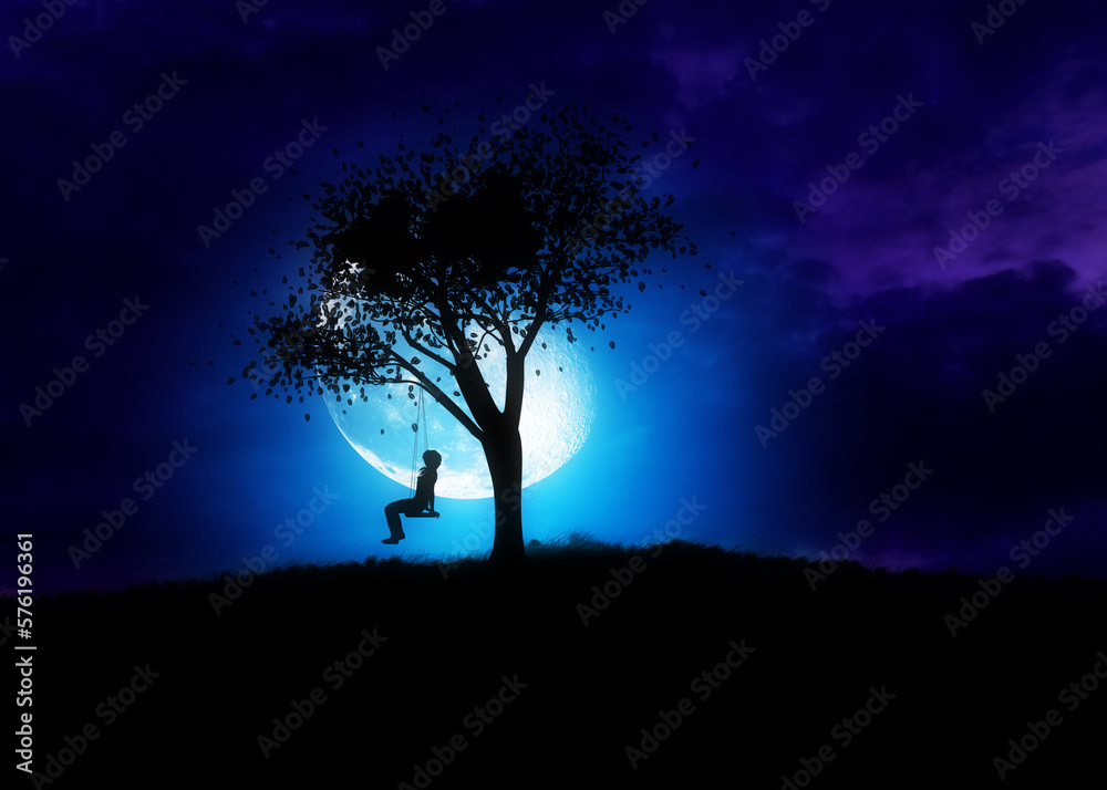 Girl on swing under tree at night