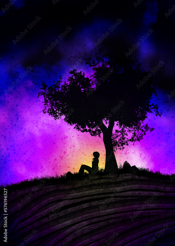 Girl under tree silhouette at sunset