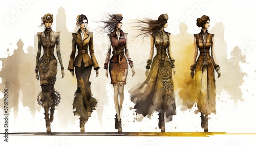 Steampunk female fashion show, models on a runway, abstract, artistic, watercolor, illustration. Generative AI