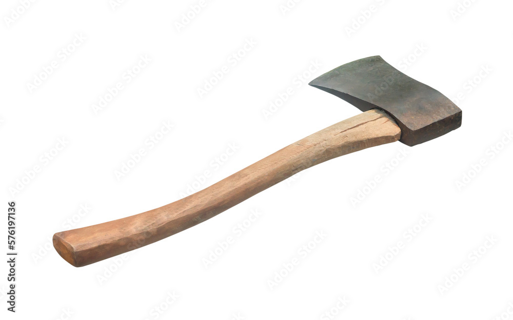 Old rust dirty dark gray axe with brown wooden handle isolated on white background with clipping path in png file format
