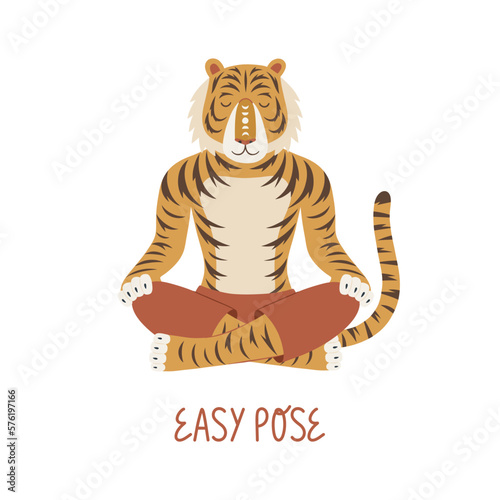 Tiger sitting in easy yoga pose. Sukhasana pose. Anthropomorphic animal. Unique hand drawn vector illustration.