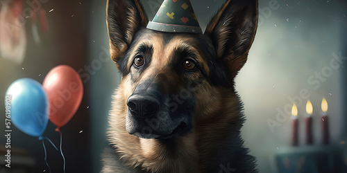 portrait of a german shepher at his birthday party with party hat and has a wild cake with candles, wearing a party hat, balloons and confetti. photo