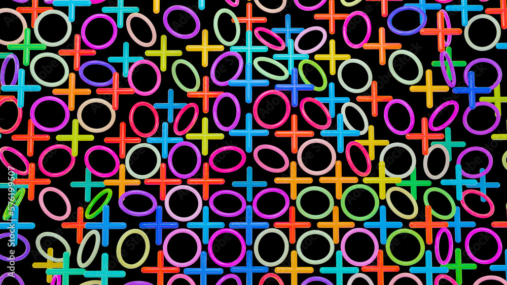 multi-colored crosses and rings on a black background. abstract composition background. 3d render illustration