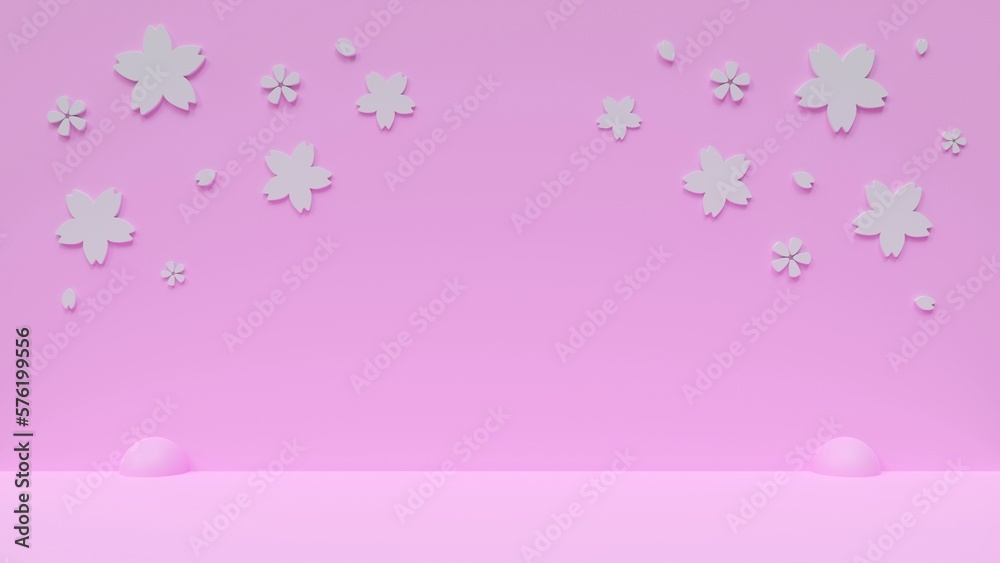 壁に白い桜の花模様のあるピンク色の3D背景素材