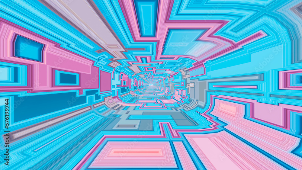 Fototapeta premium abstract background. different purple blue geometric patterns. tunnel. 3d render illustration