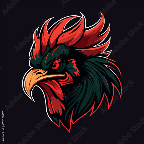 Angry rooster head mascot esport logo vector illustration with isolated background