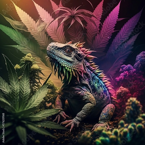 Bearded dragon surrounded by Neon glowing Cannabis 