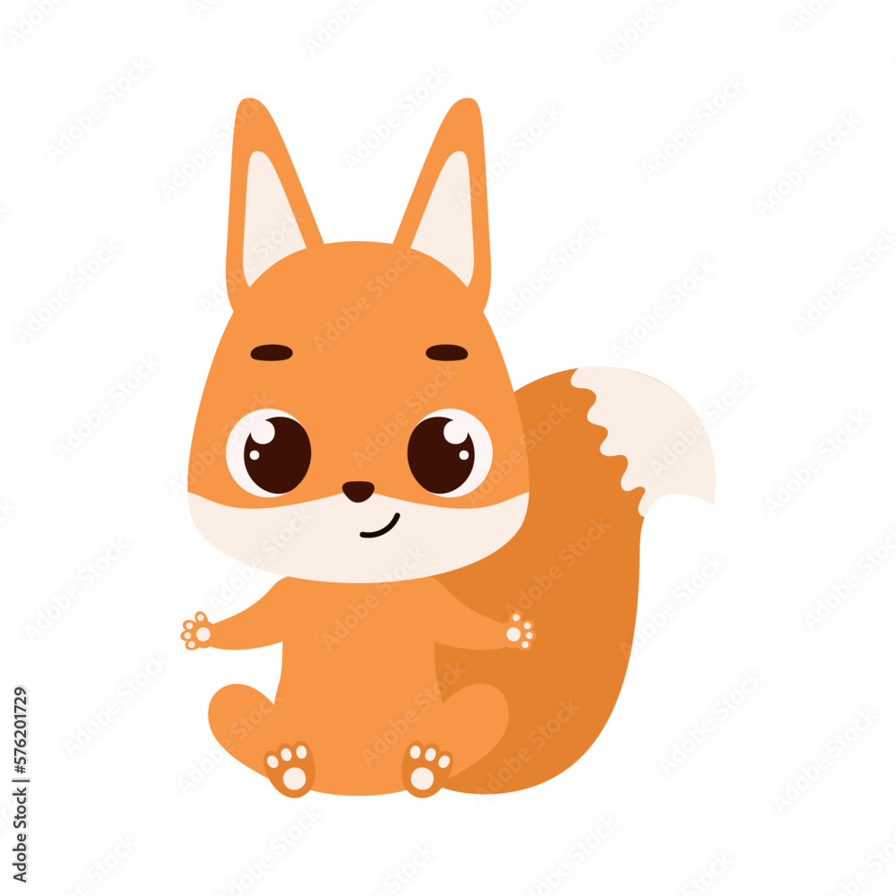 Cute little sitting squirrel. Cartoon animal character for kids cards, baby shower, invitation, poster, t-shirt composition, house interior. Vector stock illustration Cute little sitting squirrel. Cartoon animal character for kids cards, baby shower, invitation, poster, t-shirt composition, house interior. Vector stock illustration
