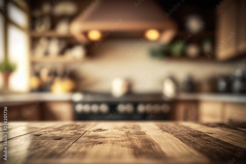 Empty table top with kitchen background