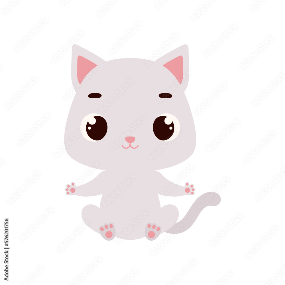 Cute little sitting cat. Cartoon animal character for kids cards, baby shower, invitation, poster, t-shirt composition, house interior. Vector stock illustration