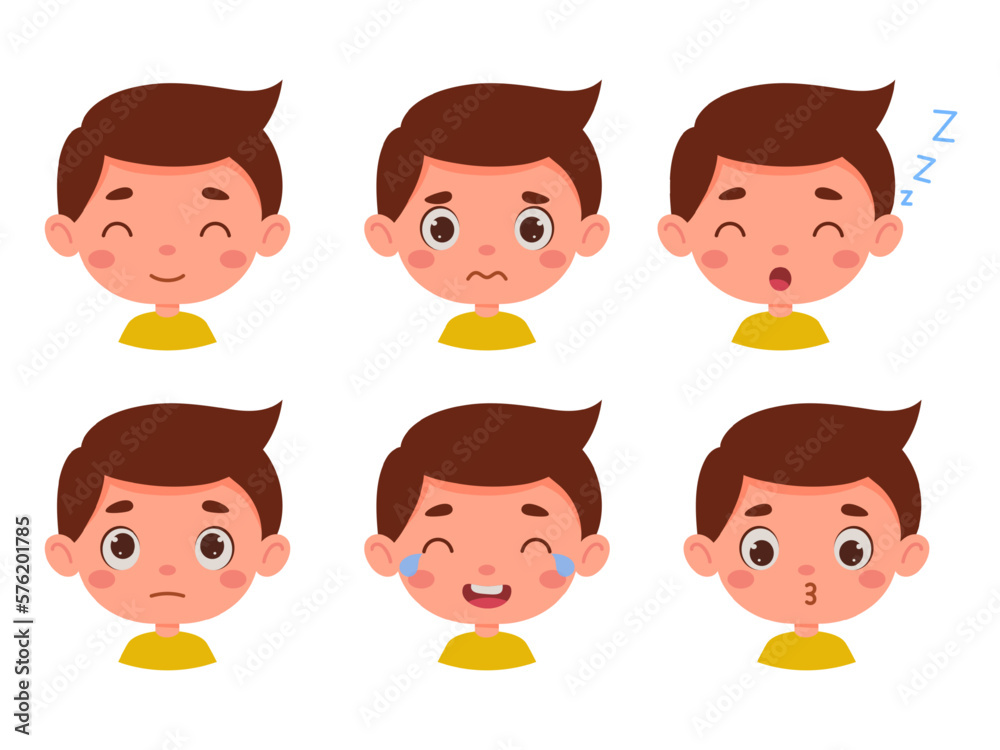 Cute cartoon little kid boy in various expressions and gesture. Cartoon child character showing different emotions. Vector illustration Cute cartoon little kid boy in various expressions and gesture. Cartoon child character showing different emotions. Vector illustration