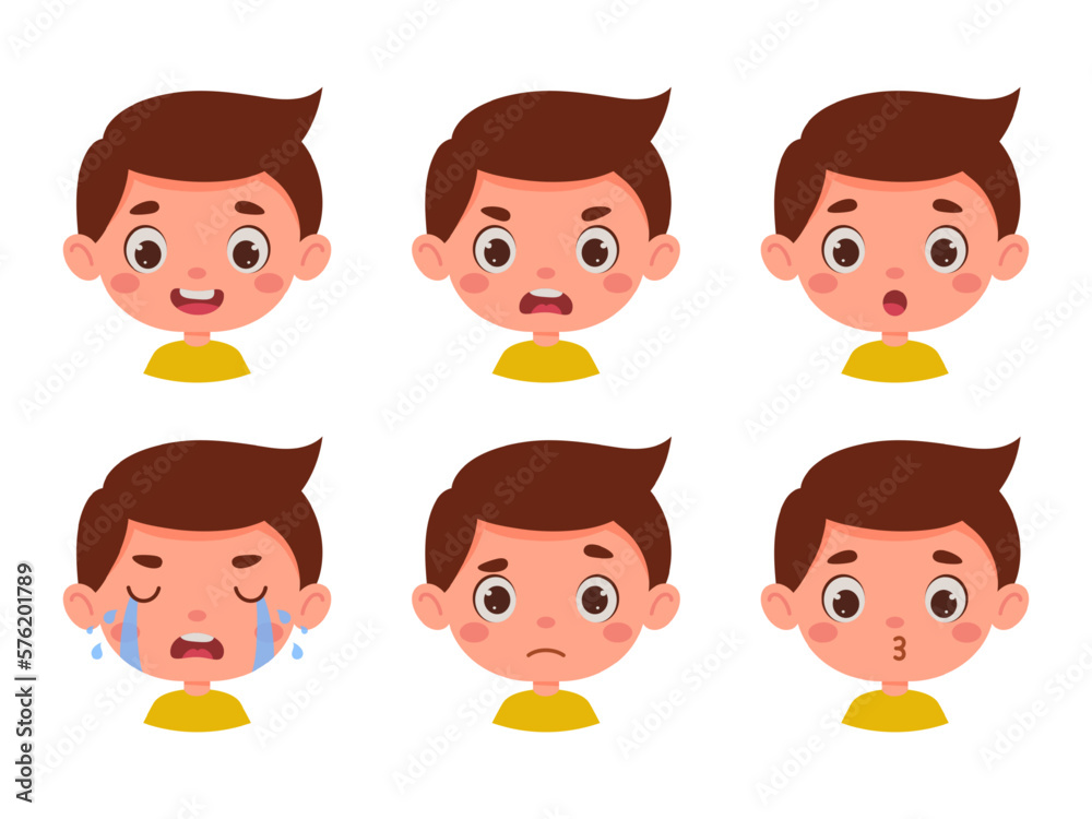 Cute cartoon little kid boy in various expressions and gesture. Cartoon child character showing different emotions. Vector illustration Cute cartoon little kid boy in various expressions and gesture. Cartoon child character showing different emotions. Vector illustration