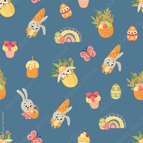 Easter seamless pattern. Rabbits, eggs, flowers. Design for fabric, textile, wallpaper, packaging.