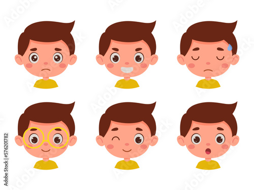 Cute cartoon little kid boy in various expressions and gesture. Cartoon child character showing different emotions. Vector illustration
