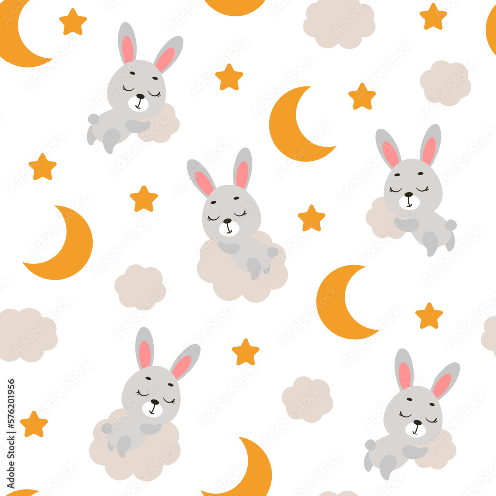 Cute little hare sleeping on cloud seamless childish pattern. Funny cartoon animal character for fabric, wrapping, textile, wallpaper, apparel. Vector illustration Cute little hare sleeping on cloud seamless childish pattern. Funny cartoon animal character for fabric, wrapping, textile, wallpaper, apparel. Vector illustration