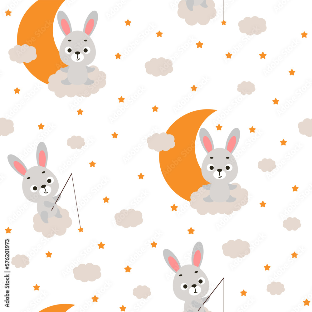 Cute little hare sitting on cloud and fishing star seamless childish pattern. Funny cartoon animal character for fabric, wrapping, textile, wallpaper, apparel. Vector illustration Cute little hare sitting on cloud and fishing star seamless childish pattern. Funny cartoon animal character for fabric, wrapping, textile, wallpaper, apparel. Vector illustration