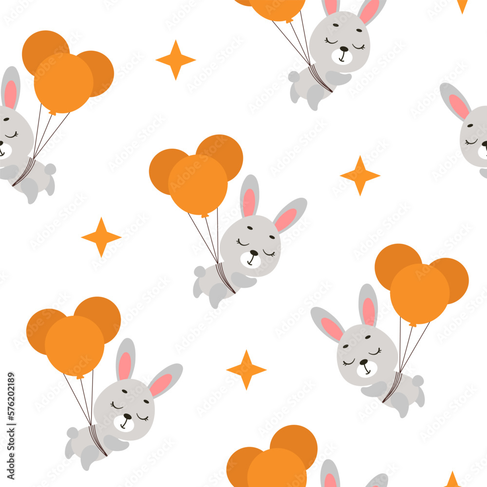 Cute little hare flying on balloons seamless childish pattern. Funny cartoon animal character for fabric, wrapping, textile, wallpaper, apparel. Vector illustration