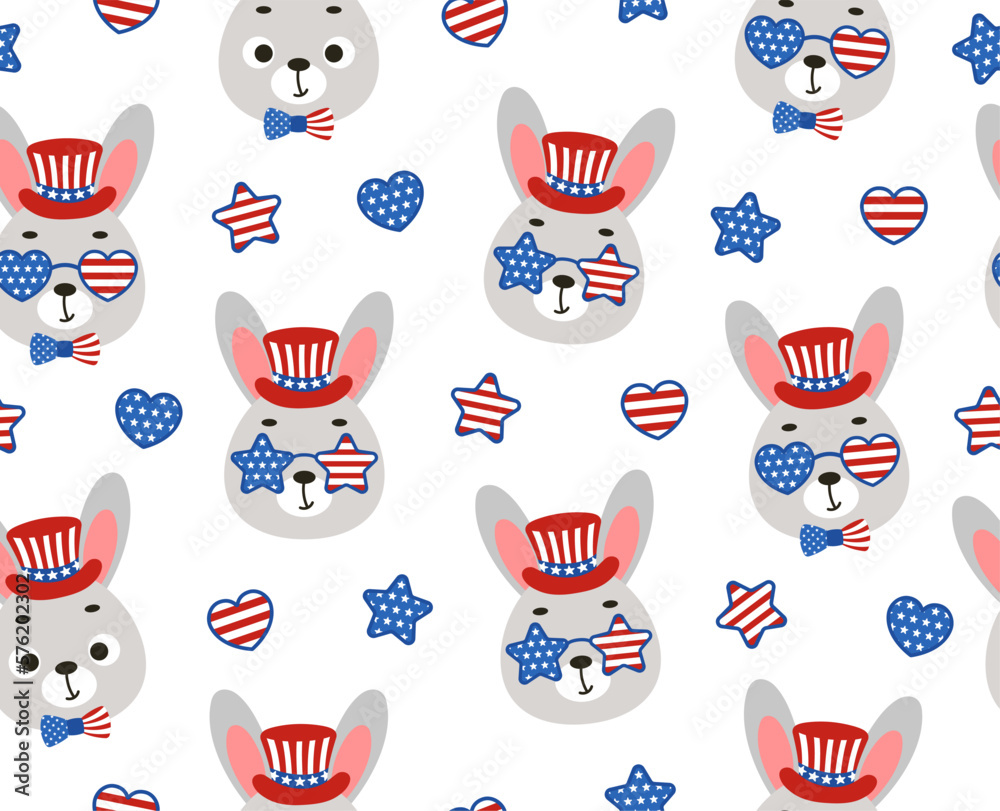 Cute little hare head in USA patriotic hat seamless childish pattern. Funny cartoon animal character for fabric, wrapping, textile, wallpaper, apparel. Vector illustration