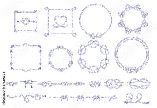 Nautical rope knots, frames and border set. Seamless decorative marine rope