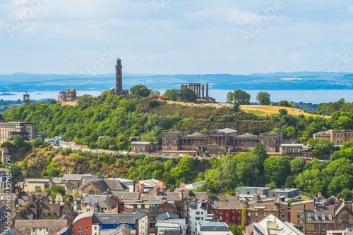 aerial view of edinburgh and calton hill in scotland, uk