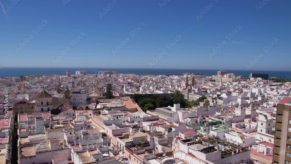 Revealing Dramatic Drone Shot of Cádiz, Spain, Downtown Buildings and Atlantic Ocean Revealing Dramatic Drone Shot of Cádiz, Spain, Downtown Buildings and Atlantic Ocean
