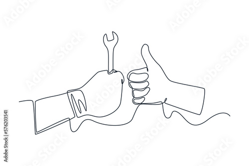 Single one line drawing hand hold wrench and Thumb Up. Auto service concept. Continuous line draw design graphic vector illustration.