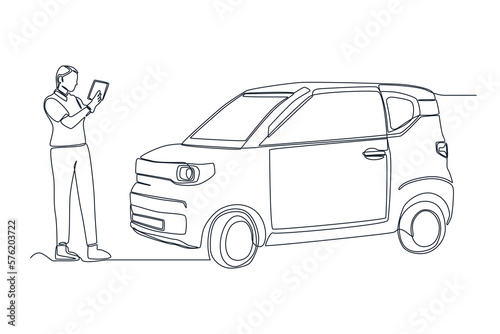 Single one line drawing mechanic in uniform making notes while examining car in auto service. Auto service concept. Continuous line draw design graphic vector illustration.