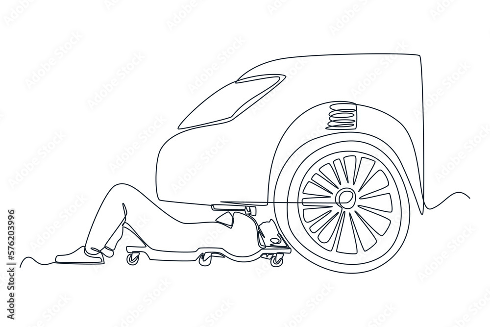 Single one line drawing Mechanic uniform lying down and working under car at auto service garage. Auto service concept. Continuous line draw design graphic vector illustration.