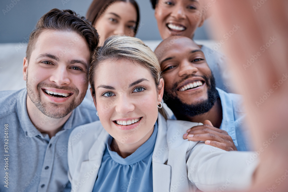 Business, people and portrait selfie of happy teamwork, motivation and success of corporate workers. Diversity employees smile for photograph, global company and collaboration of happiness together Business, people and portrait selfie of happy teamwork, motivation and success of corporate workers. Diversity employees smile for photograph, global company and collaboration of happiness together