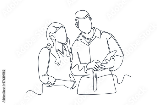 Single one line drawing Mechanic show the car checking list for customer. Auto service concept. Continuous line draw design graphic vector illustration.