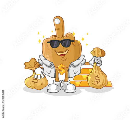 middle finger rich character. cartoon mascot vector