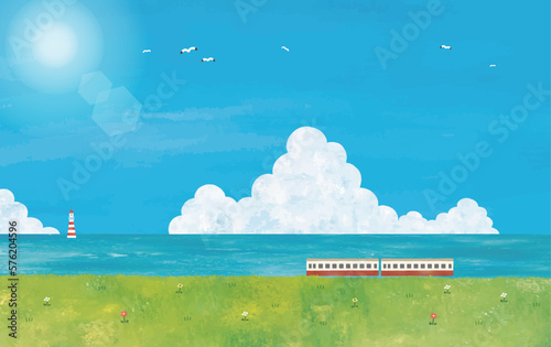 夏の空と草原と電車の風景水彩画