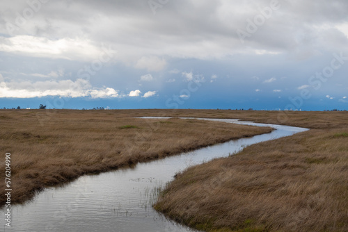 Creek bending through grasslands in California on a stormy day 