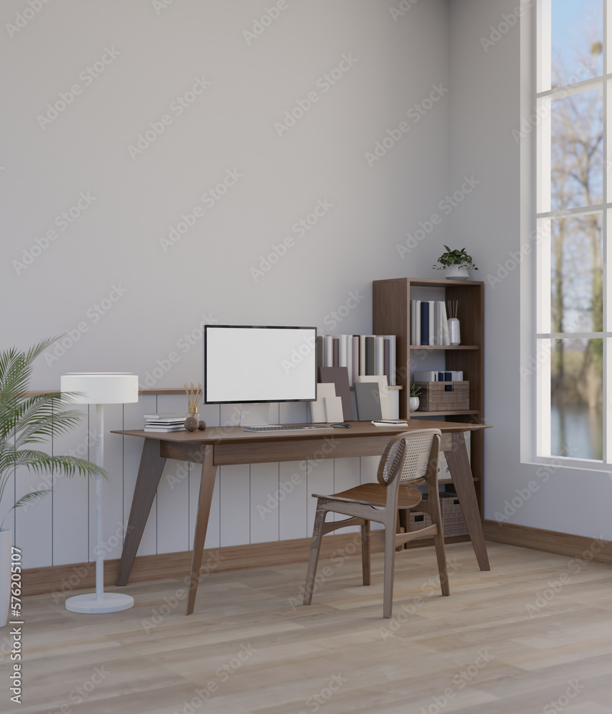 Side view of minimal Scandinavian home workspace interior design with computer mockup