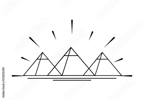 Three egypt ancient pyramids of giza are egyptian pharaoh tomb with light ray on white background line outline vector black icon design.
