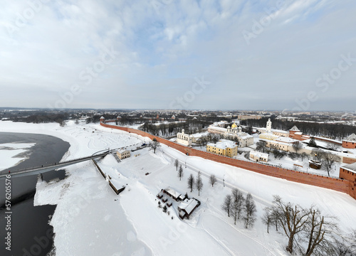 panoramic view from a drone on an ancient fortress in Veliky Novgorod on a winter day