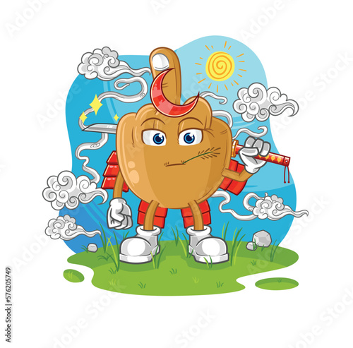 middle finger samurai cartoon. cartoon mascot vector