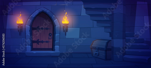 Underground dungeon with wooden door, torch fire and treasure chest. Vector cartoon illustration of medieval palace hallway, basement with stone stairs, prison cell entrance. Adventure game background