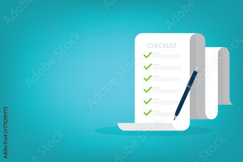 Check list document, paper check list and to do list with checkboxes, concept of survey, online quiz, completed things or done test, feedback. 