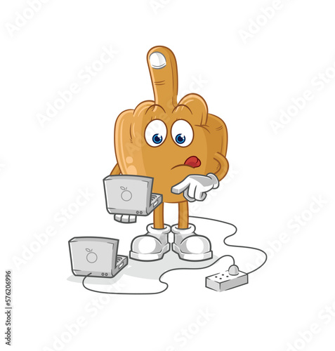 middle finger with laptop mascot. cartoon vector