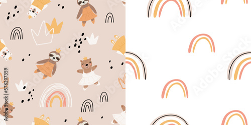 Seamless pattern with cute funny little ballerina bears, polar, grizzly, panda, sloth, koala. Vector kids illustration. Scandinavian style flat design. Cartoon children concept.